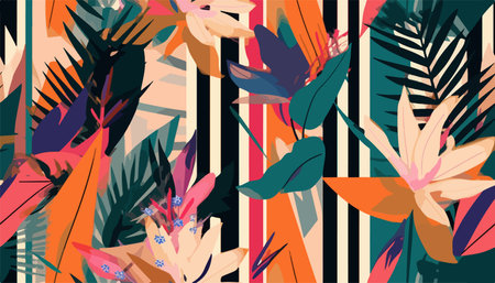 Modern geometrical jungle flowers print. Collage contemporary seamless pattern. fashionable template for designのイラスト素材