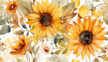Watercolor sunflower flowers print. Trendy bright collage pattern. fashionable template for designのイラスト素材