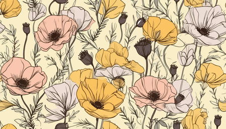 Minimal bright abstract poppy flowers pattern, pastel watercolor flowers. collage contemporary print. Fashionable template for design.のイラスト素材