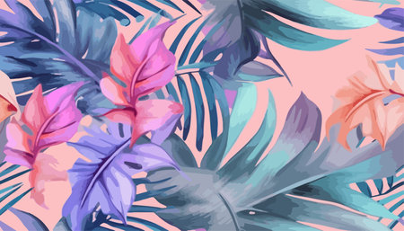Pastel pink watercolor tropical palm leaves and flowers. Exotic conceptual abstract botanical print. Creative collage contemporary seamless pattern. fashionable template for designのイラスト素材