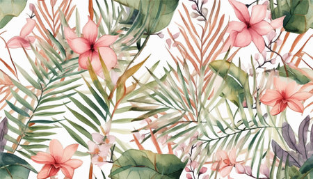 Modern exotic floral jungle pattern, palm leaves, jungle plants, pink flowers, watercolor style. Collage contemporary seamless pattern. Hand drawn cartoon style pattern.のイラスト素材