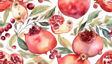 Watercolor pomegranate seamless pattern, soft colors, white background. Design for cosmetics, spa, pomegranate juice, health care products, perfumeのイラスト素材