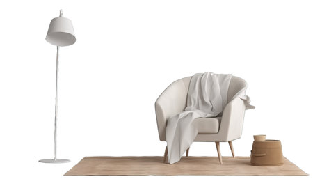 White armchair with cloth pillow rug and floor lamp minimal style. set of decor items furniture isolated on transparent or white backgroundの素材