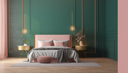 Bedroom interior.Art deco style.Design with green pink and gold color.3d renderingの素材