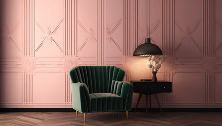 Art Deco interior in classic style with pink armchair and lamp.3d renderingの素材