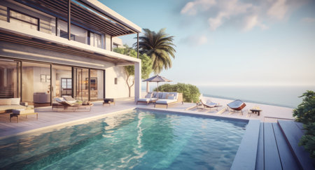 Luxury beach house with sea view swimming pool and terrace at vacation.3d renderingの素材