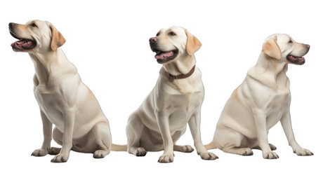 Happy Labrador in different poses isolated on transparent or white backgroundの素材