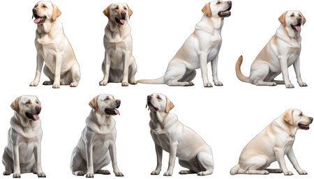 Happy Labrador in different poses isolated on transparent or white backgroundの素材
