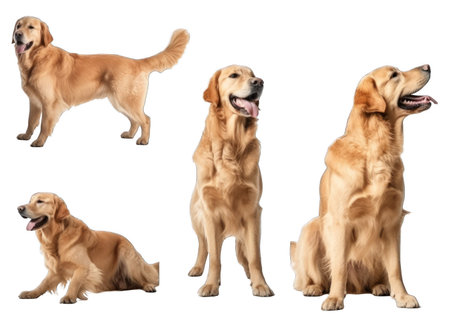 Happy Golden Retriever in different poses isolated on transparent or white background , Gold Creamedの素材
