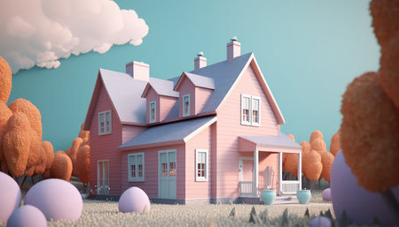Cute country house in the woods with pastel colour.3d renderingの素材