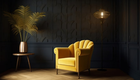 Art Deco interior in classic style with yellow armchair and lamp.3d rendering.の素材