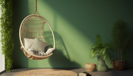 Green wall with hanging chair,plant,wicker pot and rug.3d renderingの素材