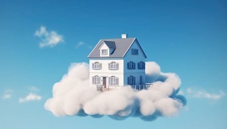 House floating on cloud with blue sky background.3d renderingの素材