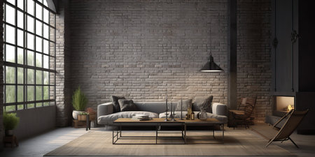 Industrial loft living room interior with sofa,wood tables,lamp and brick wall.3d renderingの素材