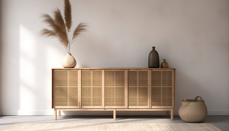 TV cabinet in minimal living room with pampas,pot,rug and sunlight on white concrete wall.3d renderingの素材