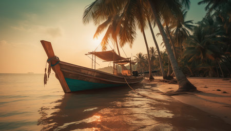 Beautiful tropical beach with palm trees silhouettes at duskの素材