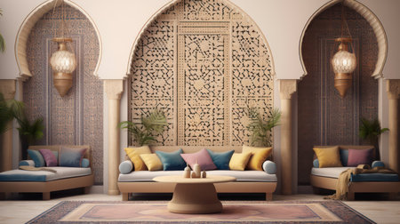 Arabic,Islamic style living room interior design with arch and arabic pattern.3d renderingの素材
