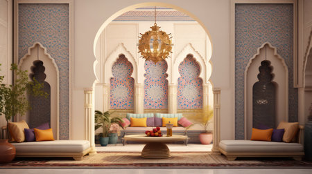 Arabic,Islamic style living room interior design with arch and arabic pattern.3d renderingの素材