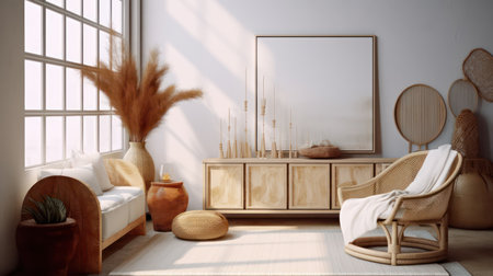 Boho style interior with blank picture frame.3d renderingの写真素材