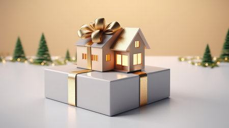House and land in a gift box with gold ribbon.3d renderingの写真素材