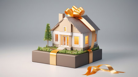 House and land in a gift box with gold ribbon.3d renderingの写真素材