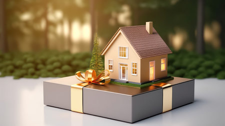 House and land in a gift box with gold ribbon.3d renderingの写真素材
