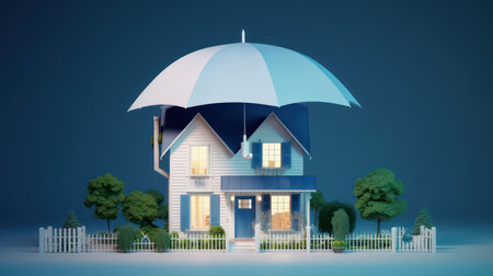 House with umbrella.Concept for home insurance.3d renderingの素材