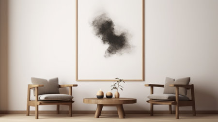 Japandi style interior.Minimal living room with wood chairs and picture canvas.3d renderingの素材