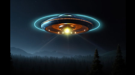 UFO flying with alien and abduct beam at night.3d renderingの写真素材
