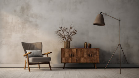 Wabi-sabi style interior mockup with chair,table,vase and floor lamp on grunge wall background.3d renderingの素材