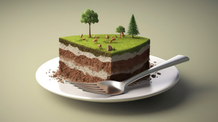 Land piece of cake with fork and plate.Concept for land investments.3d renderingの素材