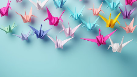 3D illustration-Colorful pastel origami paper cranes on blue background.の素材