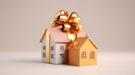 Cute house in a gift box with gold ribbon.3d renderingの素材