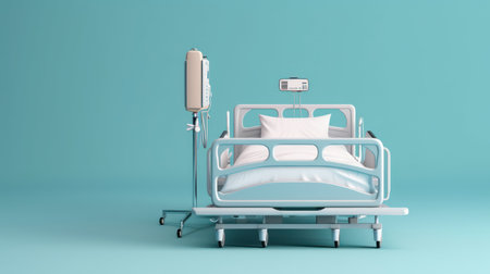 Front view of hospital bed isolated on blue background.Concept for insurance.3d renderingの素材