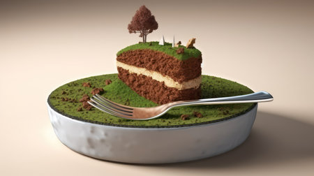 Land piece of cake with fork and plate.Concept for land investments.3d renderingの素材