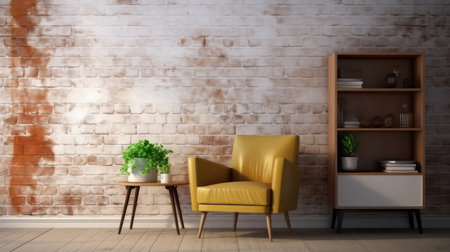 Mock up room in modern style with armchair,cabinet and old brick wall background.3d renderingの素材