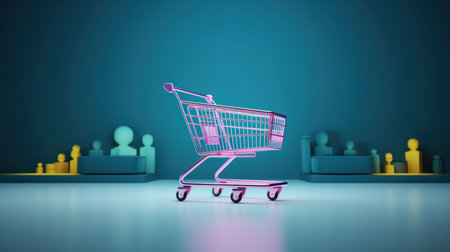 Shopping cart on podium.Concept for shopping or buying or selling furniture.3d renderingの素材