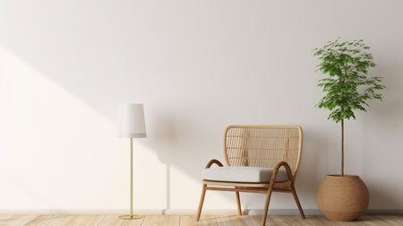 Minimal room interior with rattan chair,lamp,pot and plant on white wall background.3d renderingの素材