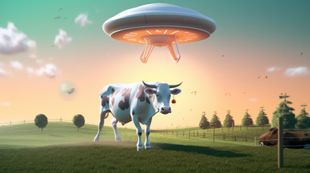 UFO flying with alien and abduct a cow.3d renderingの素材