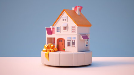 House inside gift box. 3d rendering. 3d render of a house in a gift box, Real estate conceptの素材