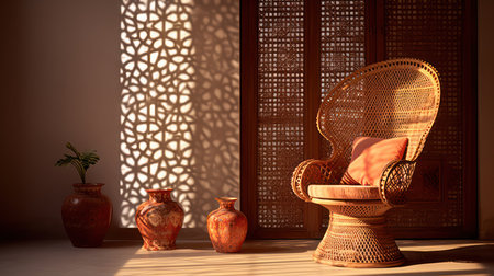 Arabic,Islamic style interior.Rattan chair,table and arabic pattern in window with shadow.3d renderingの素材