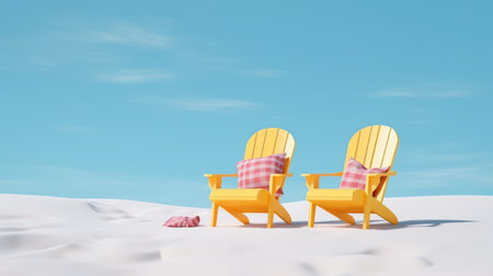 Yellow beach chairs with pillows on white sand.Summer concept.3d renderingの素材