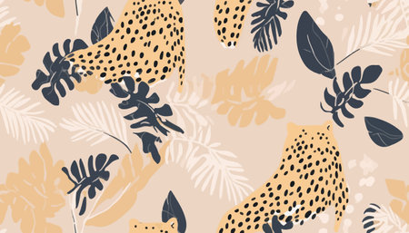 Abstract botanical print with leopard skin. Cute minimal abstract contemporary seamless pattern. Hand drawn unique print.のイラスト素材