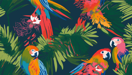 Exotic abstract tropical pattern with parrots. Colorful botanical abstract contemporary seamless pattern. Hand drawn unique print.のイラスト素材