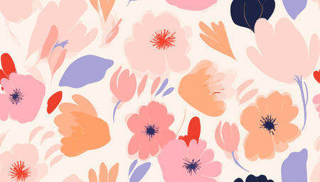 Bright hand drawn blossom flowers print. Modern simple botanical pattern. Fashionable template for design.のイラスト素材
