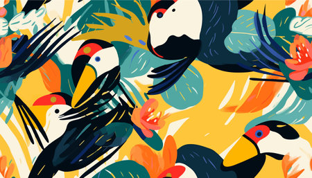 Modern abstract tropical pattern with toucan bird. Collage contemporary seamless pattern. Hand drawn cartoon style pattern.のイラスト素材