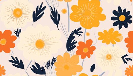Hand drawn simple abstract flowers print. Trendy bright collage pattern. Fashionable template for...