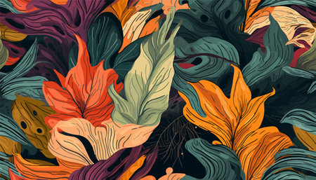 Trendy exotic jungle plants illustration pattern. Creative collage contemporary floral seamless pattern. Fashionable template for design.のイラスト素材