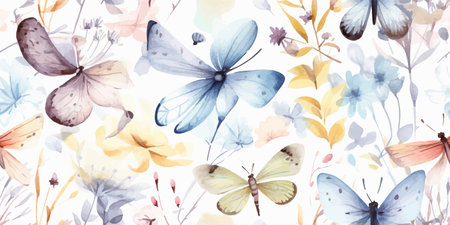 Floral seamless pattern with abstract butterflies and dragonflies, colorful watercolor illustration isolated on white background, wildlife print for textile or wallpapers, colored summer patternのイラスト素材