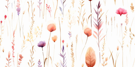 Watercolor abstract wildflowers, tender fleurs s ch es, seamless floral pattern with colorful plants. Illustration on white background in vintage styleのイラスト素材